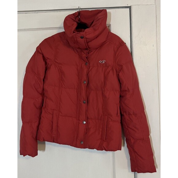 Vintage Hollister Puffer Coat Women’s M Red Down Feathers Plaid Lining Full Zip - Picture 1 of 14
